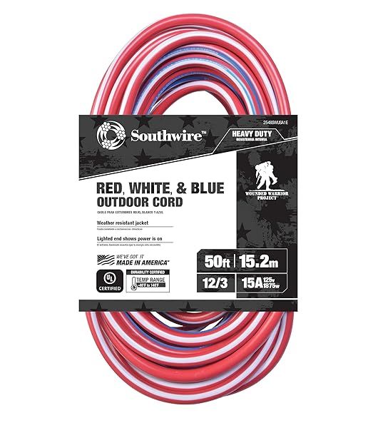 Southwire 50ft Heavy Duty Extension Cord - 12 Gauge, Outdoor, Lighted End, SJTW, Red/White/Blue - Durable Power Solution