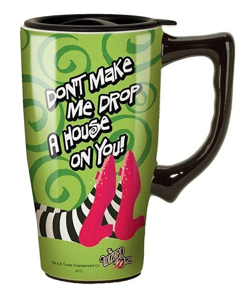 Spoontiques Wizard of Oz Ceramic Travel Coffee Mug with Lid and Handle Double Walled for Hot and Cold Beverages Microwave Dishwasher Safe