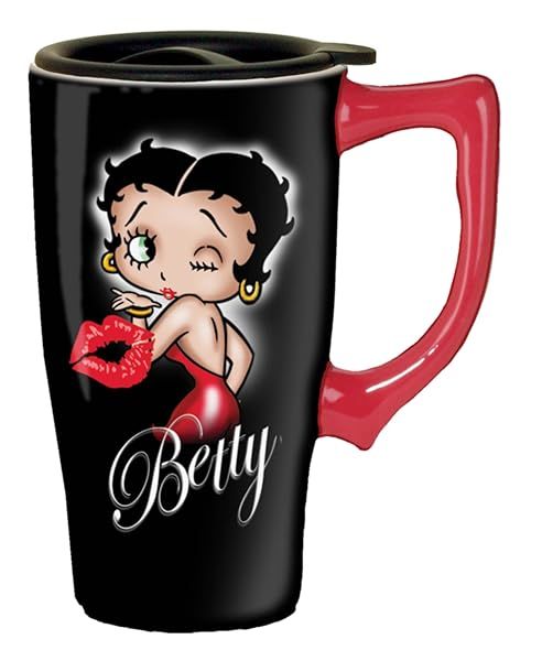 Spoontiques Insulated Travel Mug Betty Boop Hearts Ceramic Coffee Cup 15 oz Black Perfect Gift for Coffee Lovers