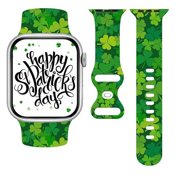 St. Patricks Day Watch Band Compatible with Apple Watch 38mm 40mm 41mm 42mm 44mm 45mm, Four Leaf Clover Shamrock Silicone Replacement Bands