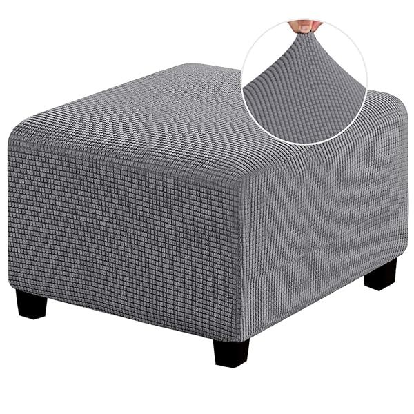 Stretch Ottoman Cover Square Slipcovers for Living Room Foot Stool Thick Checked Jacquard Fabric Elastic Bottom Medium Size Grey