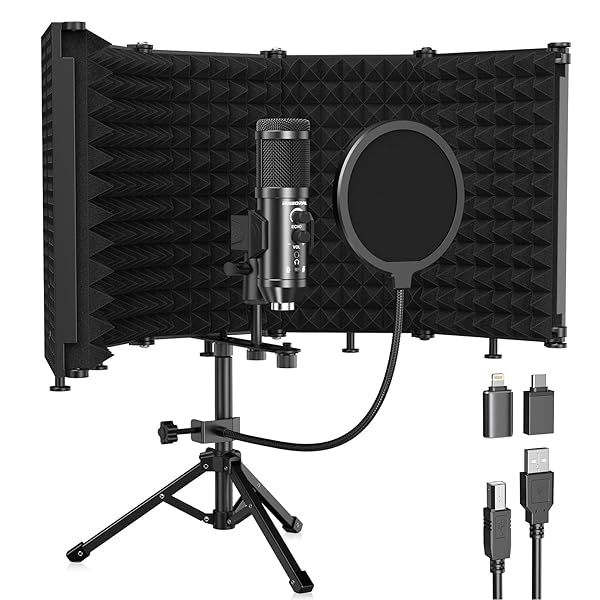 Riworal Studio Recording Microphone Isolation Shield with Pop Filter andTri-Stand Kit Music Recording USB Condenser Mics to Laptop Pc Mac Phone