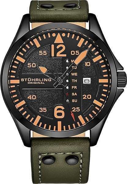 Stuhrling Original Mens Leather Watch -Aviation Watch, Quick-Set Day-Date Leather Band with Steel Rivets,