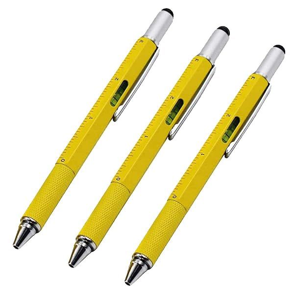7-in-1 Multi-Tool Stylus Pen: Touchscreen, Ballpoint, Ruler & Screwdrivers - 3 Pack Yellow