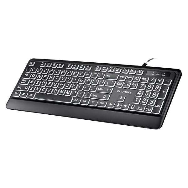 SurnQiee 104 Keys USB Wired Keyboard - Large Letter Print & White LED Backlit for Easy Typing
