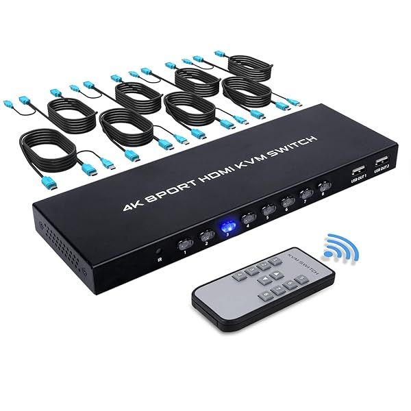 TCNEWCL 8 Port HDMI KVM Switch - 4K@30Hz, Share 8 PCs with 1 Monitor & USB Devices, Includes IR Remote & 8 HDMI Cables