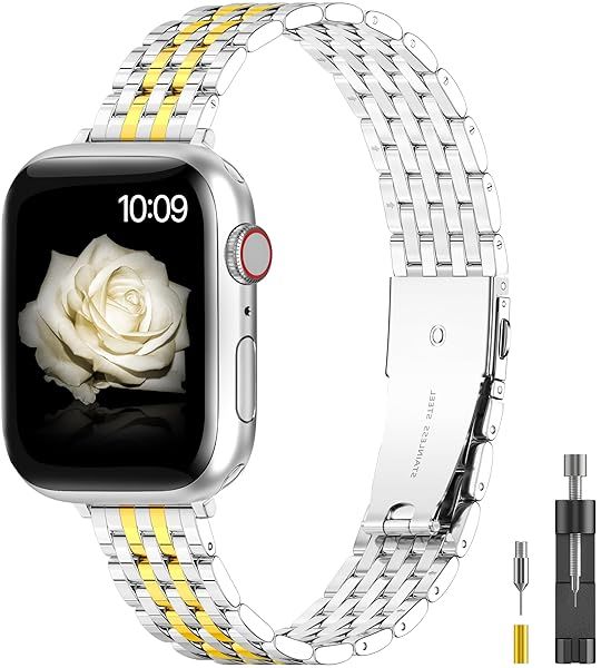 TISIMO Stainless Steel Metal Apple Watch Band 38mm 40mm 41mm, Sliver Gold, Unisex