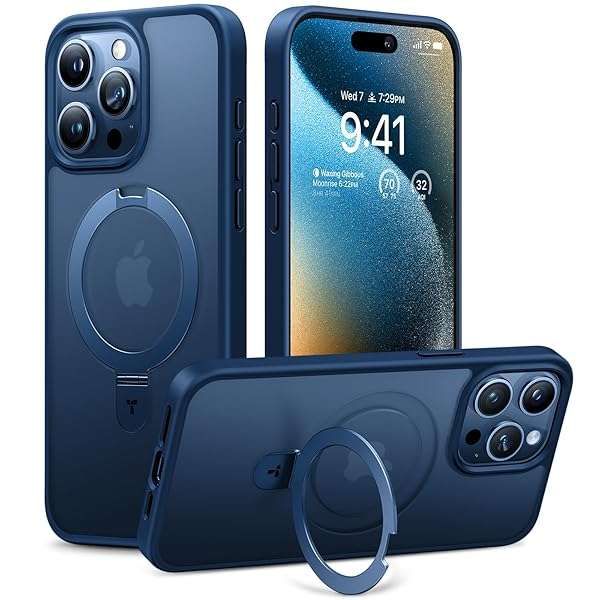 TORRAS Magnetic Stand for iPhone 15 Pro Max Case - Slim, Anti-Fingerprint, Translucent Blue Titanium 2023