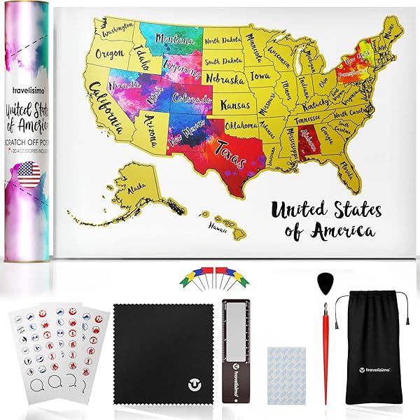 TRAVELISIMO Scratch Off Map of the USA - 12x17 Travel Map with 25 Accessories | Perfect Gift for Travelers!