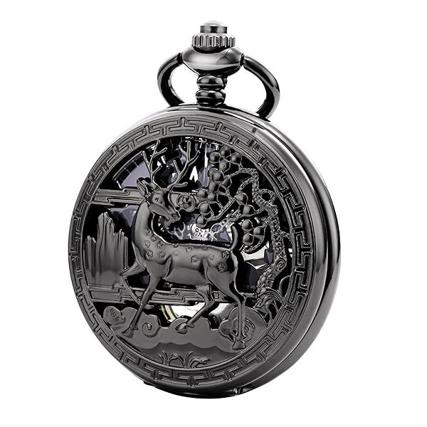 Shop TREEWETO Vintage Pocket Watch: Mechanical Skeleton Steampunk Design for Men & Women - Black Double Cover Deer Case