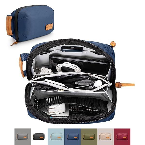 TRIPPED Travel Gear Tech Bag Organizer - Premium Electronics Pouch with Leather Accents & Mesh Pocket for Cables (Navy)
