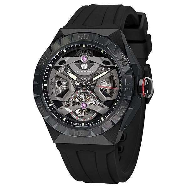 TSAR BOMBA Men's Mechanical Skeleton Watch - 100M Waterproof Luxury Octagon Dial with FKM Rubber Strap