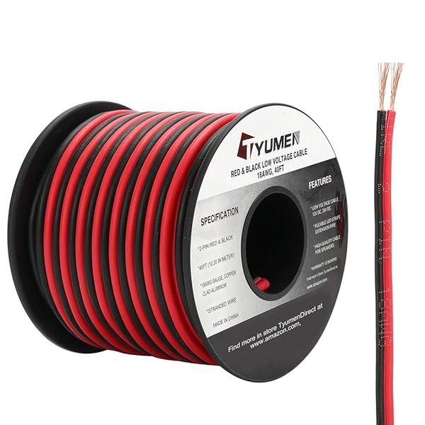 TYUMEN 40FT 18AWG Red Black 2-Pin Extension Wire for LED Strips & Ribbon Lamps - 12V/24V DC Flexible Cable