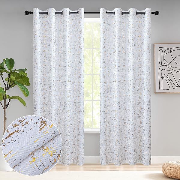 Taisier Home White and Gold Shimmering Geometric Dots Curtains 95 Inch Light Filtering Decorative Drapes Set of 2 for Living Room Bedroom