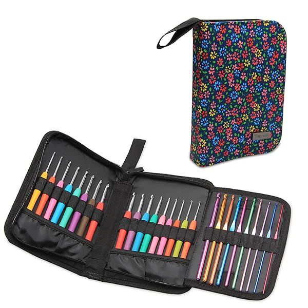 Teamoy Crochet Hook Case Travel Bag for Ergonomic Hooks Lightweight Well Made Flowers Blue