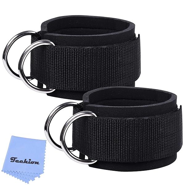 Techion Fitness Ankle Straps for Cable Machines - Adjustable Neoprene, Double D-Ring - Perfect for Men & Women
