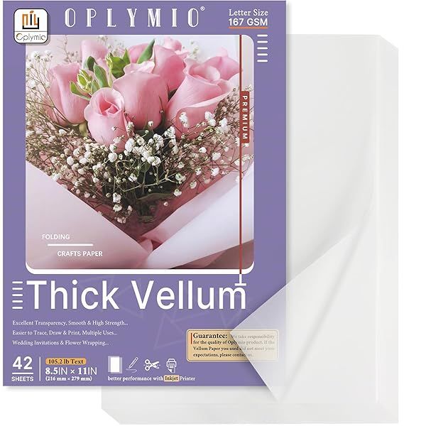 Thick Translucent Vellum Paper - Oplymio 42 Sheets 167GSM for Invitations & Heat Embossing (8.5x11 Inches)