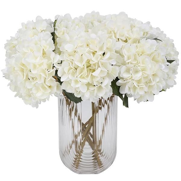 Tifuly White Hydrangea Artificial Flowers 5 pcs Realistic Long Stem Fake Silk Bouquets for Wedding Party Home Office Decor