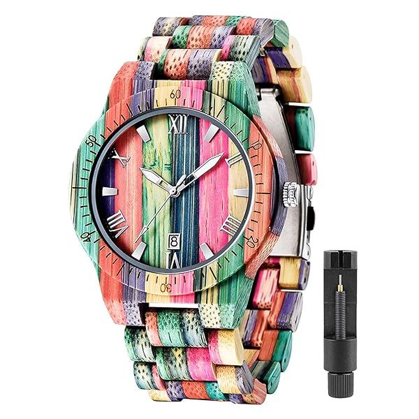 Shop Tiong Brand Men's Handmade Colorful Bamboo Wooden Watches - Stylish Analog Date Quartz Timepieces