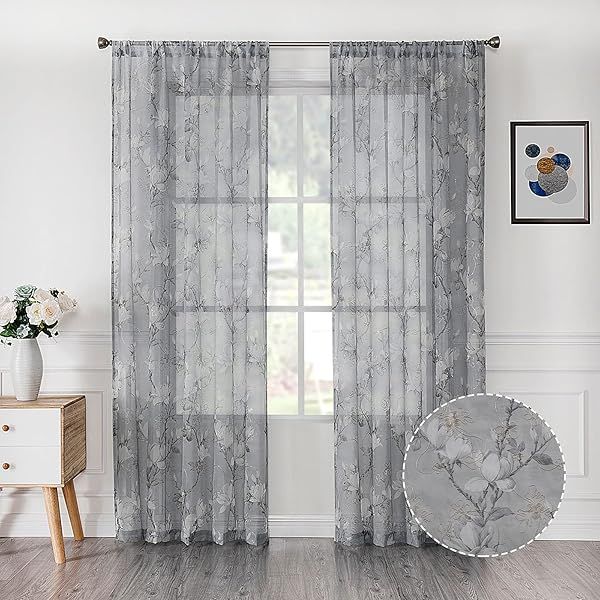 "Elegant Tollpiz Floral Grey Sheer Curtains - 54x72" Embroidered Window Panels for Bedroom & Living Room"