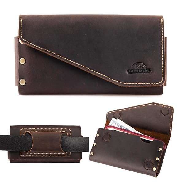 Topstache Leather Phone Holster for iPhone 14 Pro Max - Handmade, Magnetic Closure, Fits Otterbox, XL Dark Brown Wallet Pouch