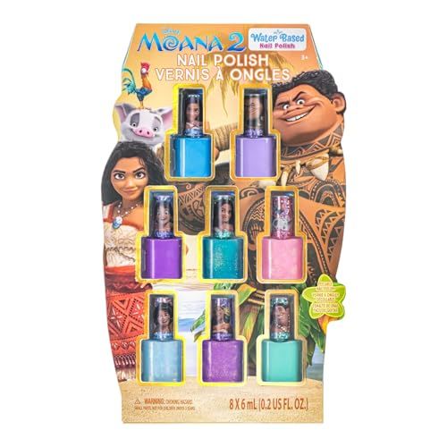 Townley Girl Moana 2 Non-Toxic Peel Off Nail Polish Set for Kids - 8 Glittery Colors for Parties & Sleepovers