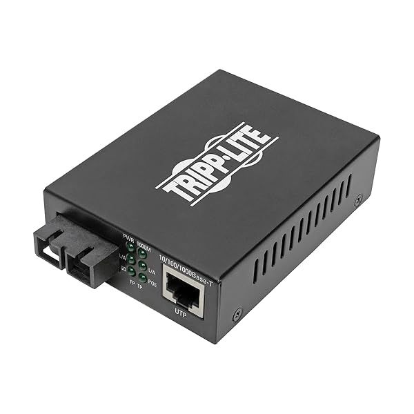 Tripp Lite Multimode Fiber Optic to RJ45 Ethernet, PoE+ 48 VDC, 10 100 1000 Mbps, LC Connectors, 1310 nm, International Power Cables, Extends up to 2
