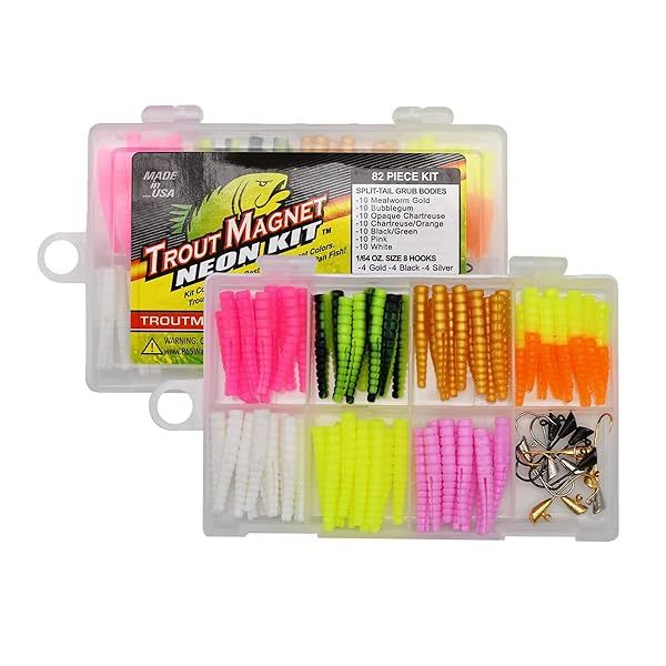 Trout Magnet 82-Piece Neon Fishing Kit: 70 Grub Bodies & 12 Hooks for All Fish Types - Orange, Green, White, Silver