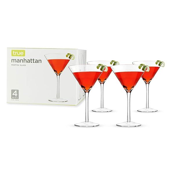 True Manhattan Martini Glass Set of 4 - Crystal Cocktail Coupes, 12 oz, Dishwasher Safe, Clear Glass