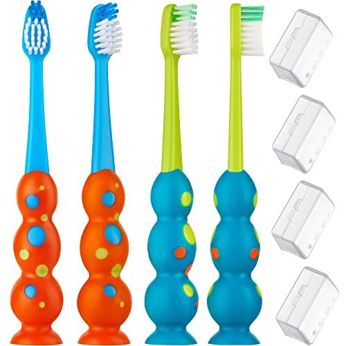Trueocity Kids Toothbrush 4 Pack Soft Bristles Child Sized Brush Heads Suction Cup Storage Fun for Boys and Girls Ages 3 to 10