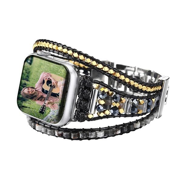 URPANDA Leather Beaded Band Compatible with Apple Watch Bracelet Band 44mm 42mm 45mm 49mm Crystal Boho Wrap Apple Watch Strap for iWatch Band Ultra 2