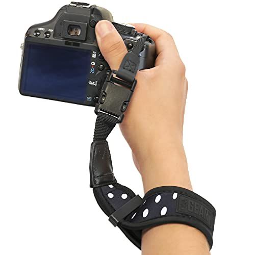 USA GEAR Neoprene Camera Wrist Strap - Comfortable Quick Release for Canon, Nikon, Sony & More - Polka Dot Design