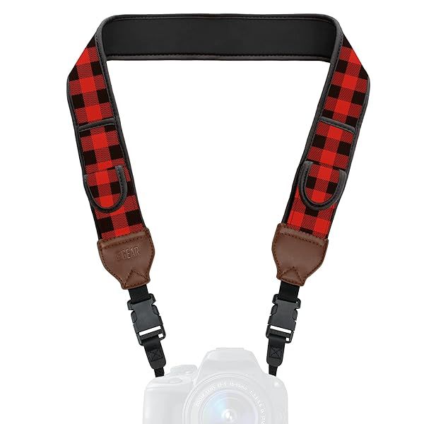 USA Gear TrueSHOT Neoprene Camera Strap - Padded, Quick Release, Fits Canon, Nikon, Sony DSLRs & Mirrorless - Red Plaid