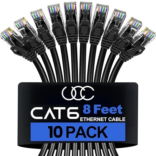 Ultra Clarity Cables Cat 6 Ethernet Cable 8 FT 10 Pack High Speed 10Gbps 500Mhz RJ45 LAN Internet Cable for Computer Modem Router PS4 PS5 Xbox Black