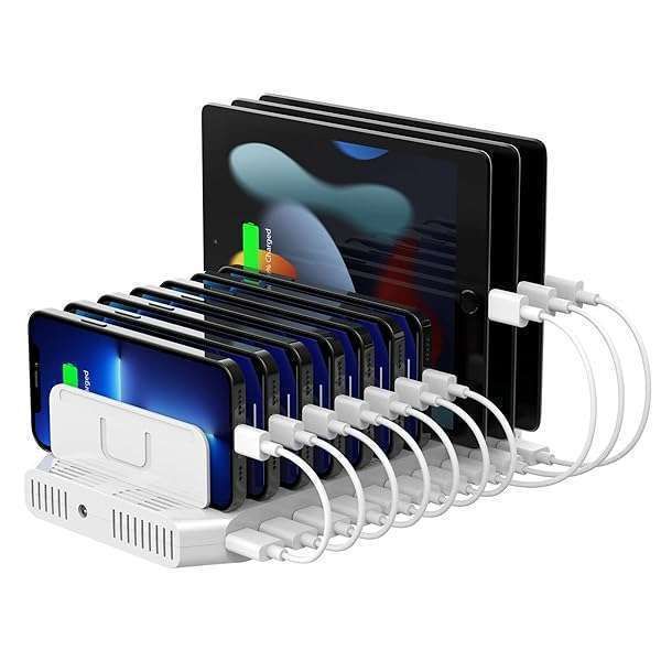Unitek 10-Port USB Charging Station: SmartIC Tech for iPad, iPhone, Tablet & Kindle - Adjustable Dividers & Organizer Stand