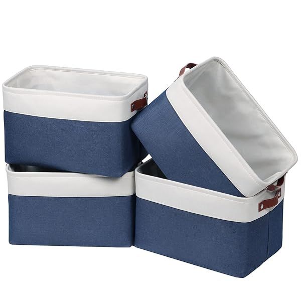 Univivi 4PC Large Foldable Fabric Storage Baskets for Closet Organizing Blue with Handles Hard Bottom 15X10.5X9.5 Inches