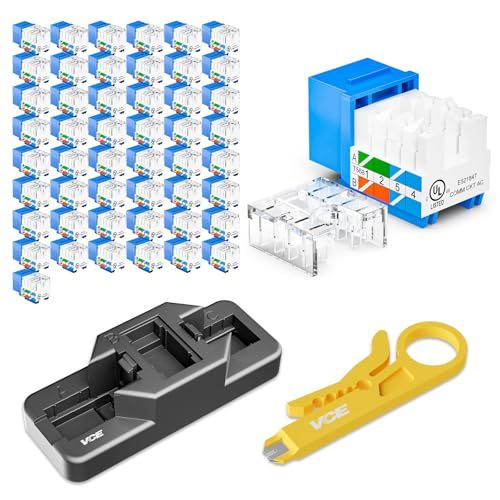 VCE RJ45 Cat6 Keystone Jacks 50-Pack with Punch Down Tool and Wire Stripper Blue UL Listed Ethernet Connectors