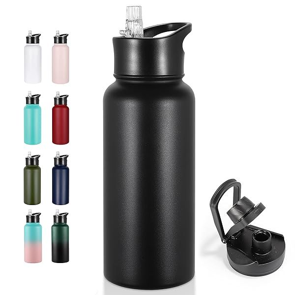 VEGOND 32 oz Insulated Stainless Steel Water Bottle with Leak Proof Straw and Spout Lid for Travel Sports Black
