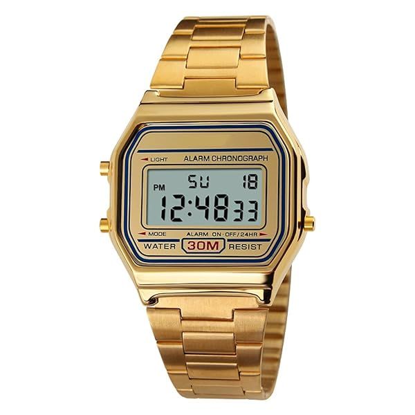 VIGOROSO Vintage Retro Gold Stainless Steel Digital Casual Watch for Men and Women with Alarm and Stopwatch Features