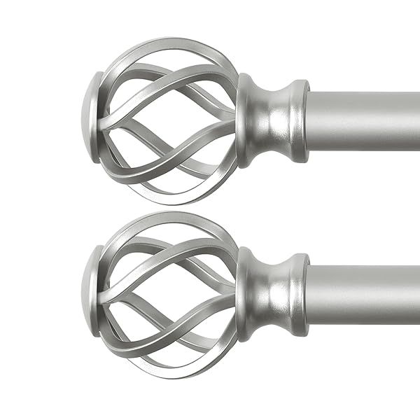 VOIIY 2 Pack Curtain Rods 48 to 84 Inch Silver Drapery Rods with Twisted Cage Finials for Windows 36 to 88 Inch