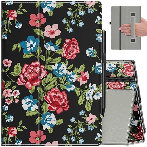 VORI Case for Amazon Kindle Fire HD 10 Tablet 13th 11th Generation Slim Folding Stand Folio Cover Auto Wake Sleep Hand Strap Rose Floral