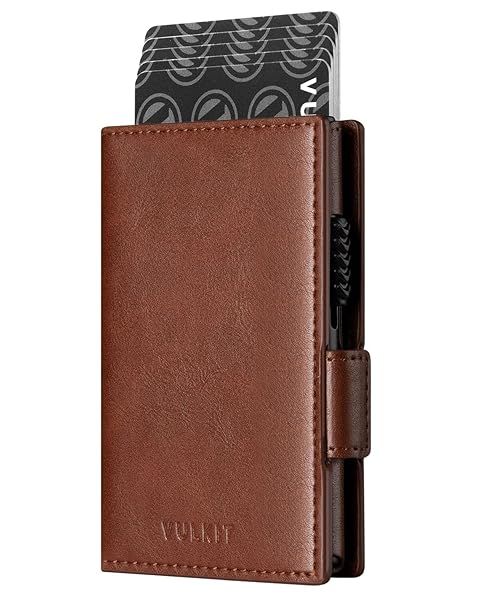 VULKIT Slim Leather Card Holder Wallet with Airtag Holder RFID Blocking Magnetic Closure for Credit Cards and Cash Brown
