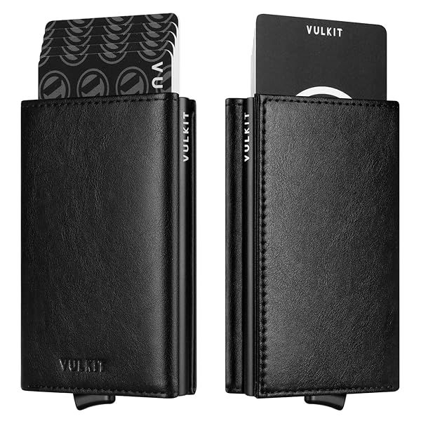 VULKIT RFID Blocking Leather Credit Card Holder with Banknote Compartment and ID Window for Men and Women in Black