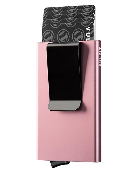 VULKIT Minimalist Wallet RFID Blocking Slim Metal Card Holder with Money Clip for Women in Rose Gold