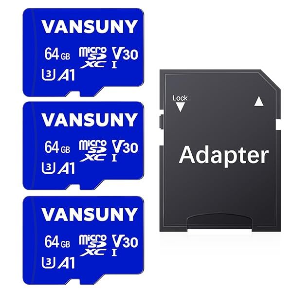 Vansuny 64GB Micro SD Card 3 Pack with SD Adapter A1 V30 4K Video Recording for Phone Security Camera Dash Cam Action Camera