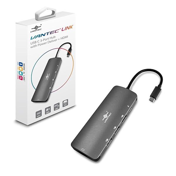 Vantec Link USB-C 3-Port Hub with Power Delivery and HDMI 4K for Fast Data Transfer and Charging