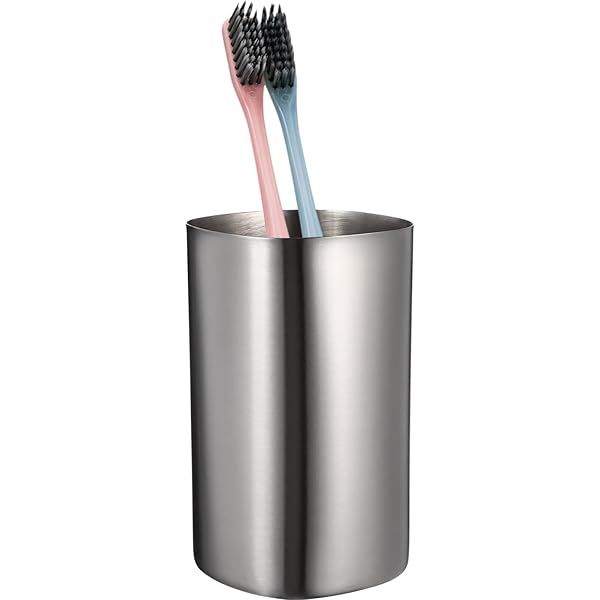 Veemoon Lightweight Stainless Steel Toothbrush Cup Reusable Bathroom Holder Silver Metal Water Cup for Men Women Students