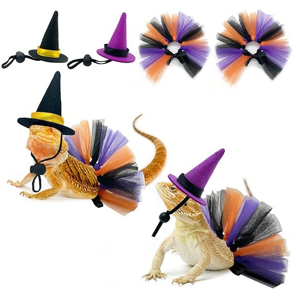 Vehomy 4Pcs Halloween Lizard Witch Costume Set Tutu Skirts and Hats for Chick Hamster Bird Parrot Bearded Dragon