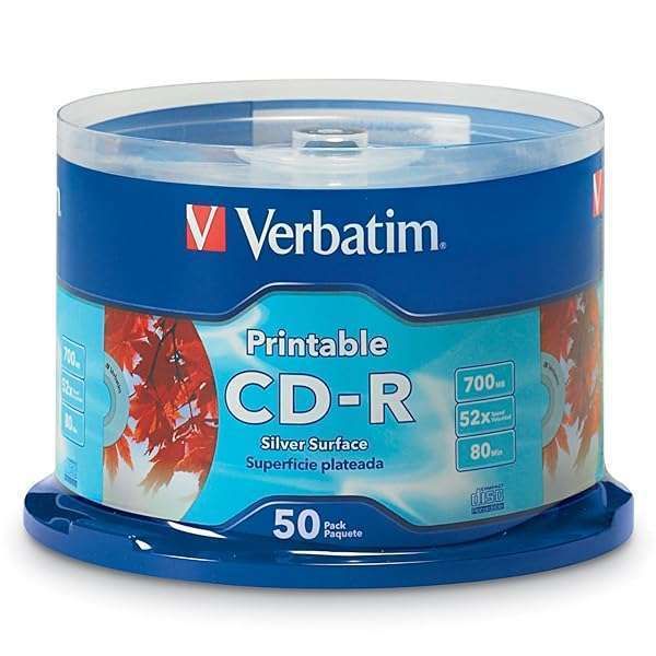 Verbatim CD-R Blank Discs 700MB 80 Min 52X - 50pk Inkjet Printable Spindle for High-Quality Printing