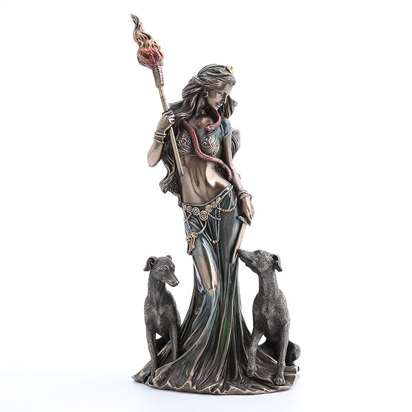 "Veronese Design Hecate Sculpture: 13.5" Greek Goddess with Hounds - Cold Cast Resin Bronze Finish"